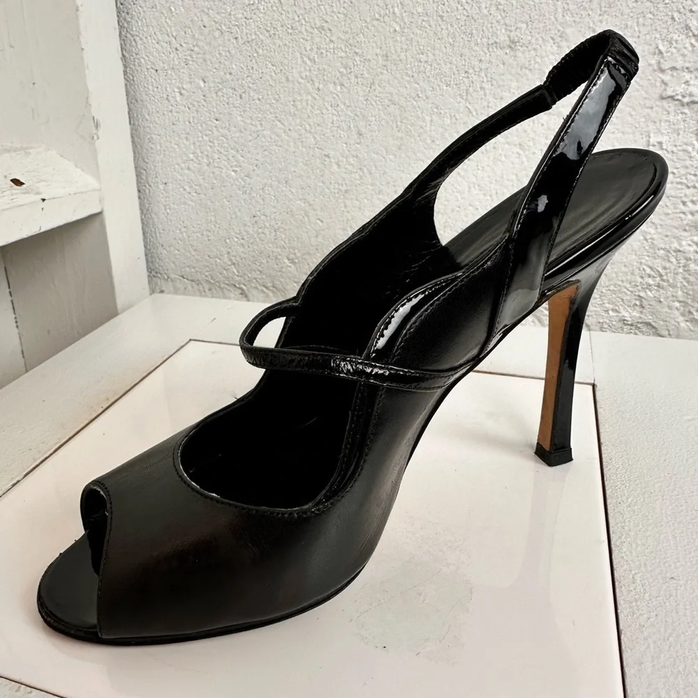 Manolo Blahnik Black Leather Printed Slingback Peep Toe Pumps – Size 36.5 Gift - Picture 8 of 13